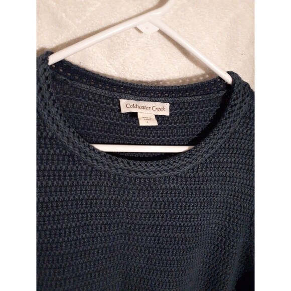 Coldwater Creek top LARGE Blue Textured Knit Contrast Trim Pullover Sweater L - Picture 2 of 8